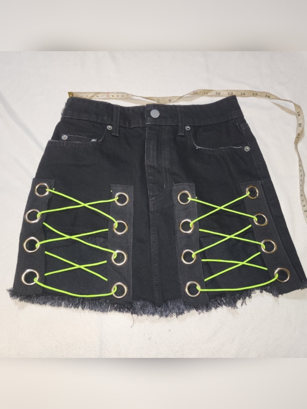 Carmar Black Denim Mini Skirt with Neon Green Lace-Up